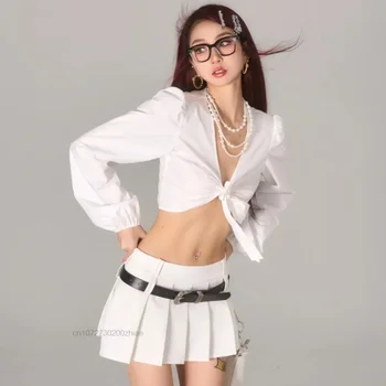 Y2K נשים הלבן של חצאיות קפלים וינטג ' מותן נמוכה חצאיות מיני Harajuku מתוק קו-מיקרו חצאית אמריקן רטרו אופנת רחוב 2023