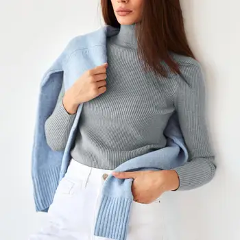 Slim Fit סריגה סוודר לכל היותר מסוגננים של נשים מצולע לסרוג סוודר עם צווארון גולף Slim Fit שרוול ארוך צבע מוצק העליון על