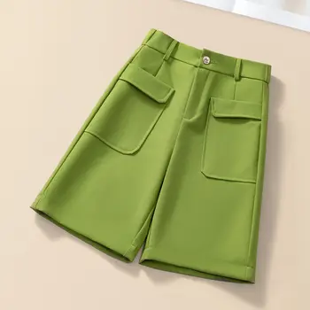 קיץ אביב 2023 נשים מכנסיים קצרים מזדמנים ישר מוצק, רחב-רגל אופנה קוריאנית כפתור גבוהה המותניים אופנה קוריאנית נשים מכנסיים קצרים
