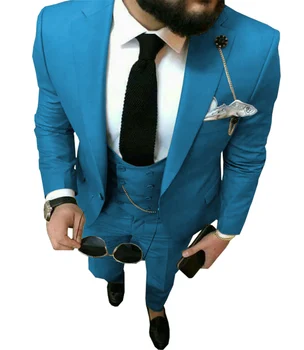 גברים של אפור-כסוף, חליפות עסקים. 3 חתיכות קבוע מתאים דש לנשף כחול כפול טוקסידו לחתונה החתן (קט+מכנסיים+וסט)