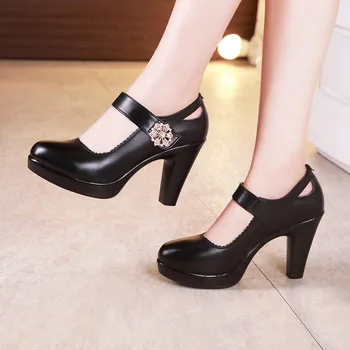 בתוספת גודל 32-43 איכות עור רך נעליים האישה לחסום עקבים גבוהים אביב 2023 שחור פלטפורמת משאבות אמא לרקוד מרי ג ' יין.