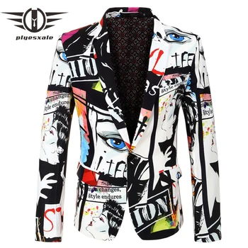 Plyesxale היפ הופ Mens מעיל מעיל אירופאי ואמריקאי סגנון מזדמנים זכר בלייזר אופנה מודפס עיצובי תלבושות במה Q485