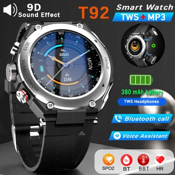 9D איכות צליל שעון חכם TWS שני באחד אלחוטית Bluetooth Dual אוזניות לקרוא בריאות לחץ דם ספורט מוסיקה Smartwatch