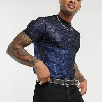 2023 אופנה גברים נוצץ רשת חולצה לראות דרך שרוול קצר Camiseta מועדון לילה דק לנשימה מקסימום מסיבה סקסית חולצות 5XL