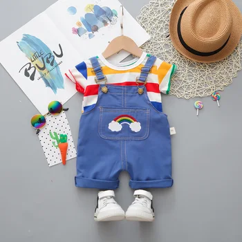 בקיץ ילדים כותנה תינוק ילדה בגדים מצוירים פסים חולצות סינר קצרים 2Pcs/סטים תינוקות, ילדים אופנה הפעוט אימוניות.
