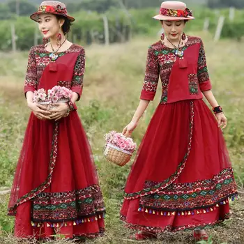 סיני אתני נשים שמלת הדפסה חליפת קיץ בציר אדום