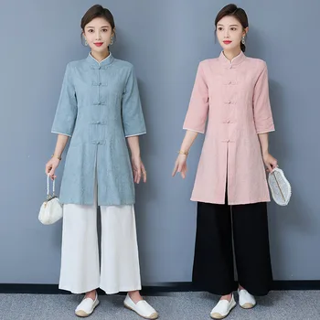 כותנה, פשתן נשים טאי צ ' י, קונג-פו יוגה חליפה בסגנון סיני סווטשירט+שאיפה מקרית מדיטציה אימון אומנויות לחימה להגדיר Activewear