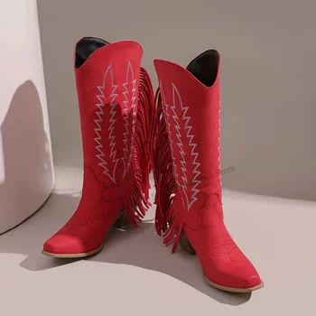 אמצע עגל אדום הדפסה שוליים עיצוב מגפי העקב עבה נעלי נשים להחליק על בוהן מרובע 2023 אופנתי פאטוס פארא Mujere