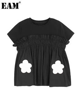 [ידה] נשים שחור פרח קפלים צבע בלוק קליל חולצה חדשה צוואר עגול שרוול קצר האופנה הגאות באביב קיץ 2023 1DE9867