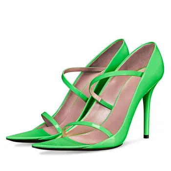 מחודד עור לצמצם שטחי רצועת סנדלי נשים שחור ירוק גבוה והעקבים נעליים מעור כיסוי עקב הגברת Sandalias
