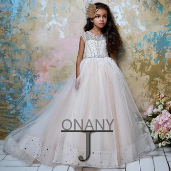 JONANY פשוט פרח שמלת ילדה בהתאמה אישית קריסטל בלינג כפתור מסיבת הסיום בתחרות Vestido ילדה קטנה טקס ההתייחדות הראשונה