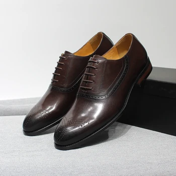 איטלקי לגברים נעלי שמלה פשוטה הבוהן עור אמיתי אוקספורד תחרה קלאסית-עסק המשרד מסיבת חתונה רשמית נעליים לגברים