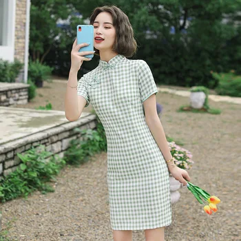 בנות אופנה Cheongsam צווארון חדש קיץ סקסי רטרו סריג גברת צעירה שיפור יומי סינית מסורתית Cheongsam שמלת