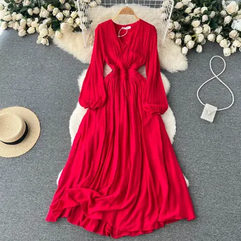 נשים אלגנטי אדום ארוך שמלה סקסית V-צוואר בועה שרוול בציר שמלות 2022 חדש האביב בסגנון בוהמי קפלים ארוכה החלוק